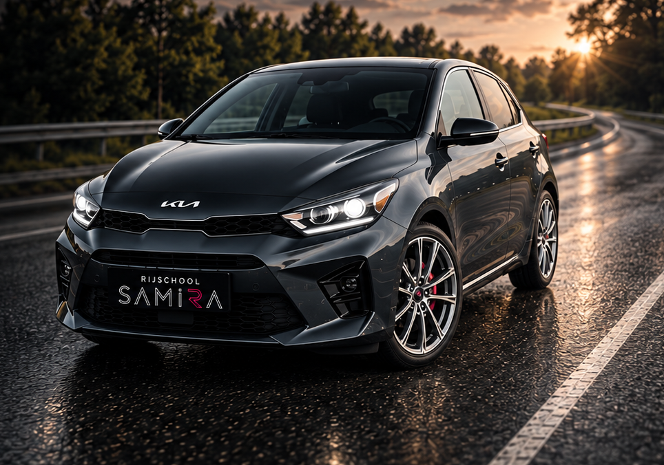 De nieuwe Kia Rio GT-Line lesauto van Rijschool Samira op een weg in Parkstad
